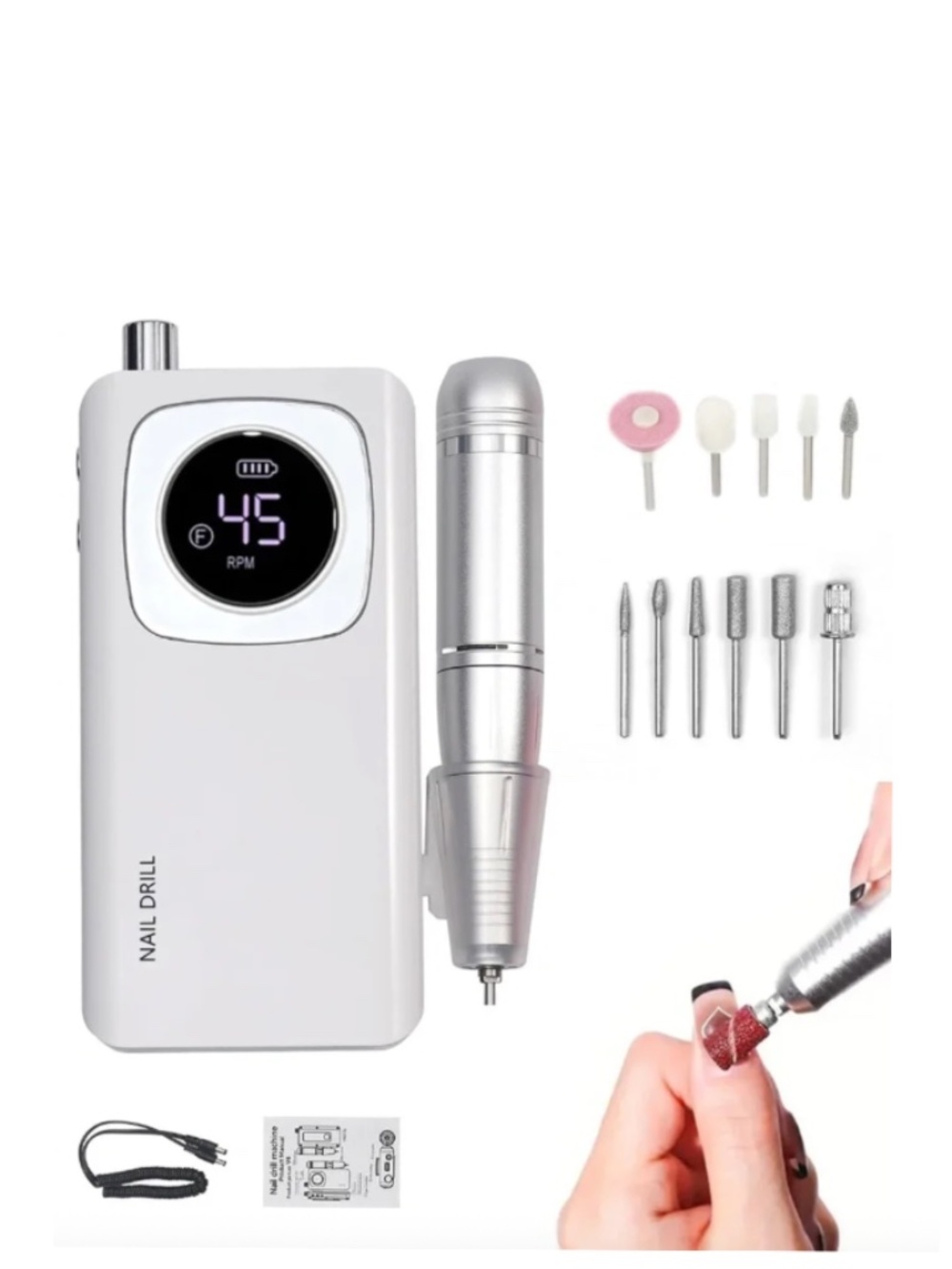 White And Silver 45000RPM Rechargeable Cordless Nail Drill
